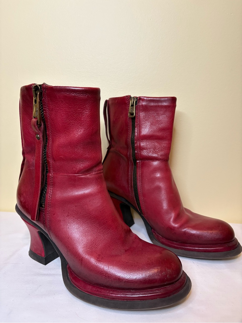 A.S.98 Cherry Red Leather Mid-Calf Heeled Zip Boots Size 38